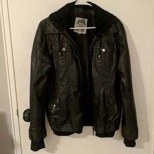 Faux Leather Bomber Jacket with Hoodie